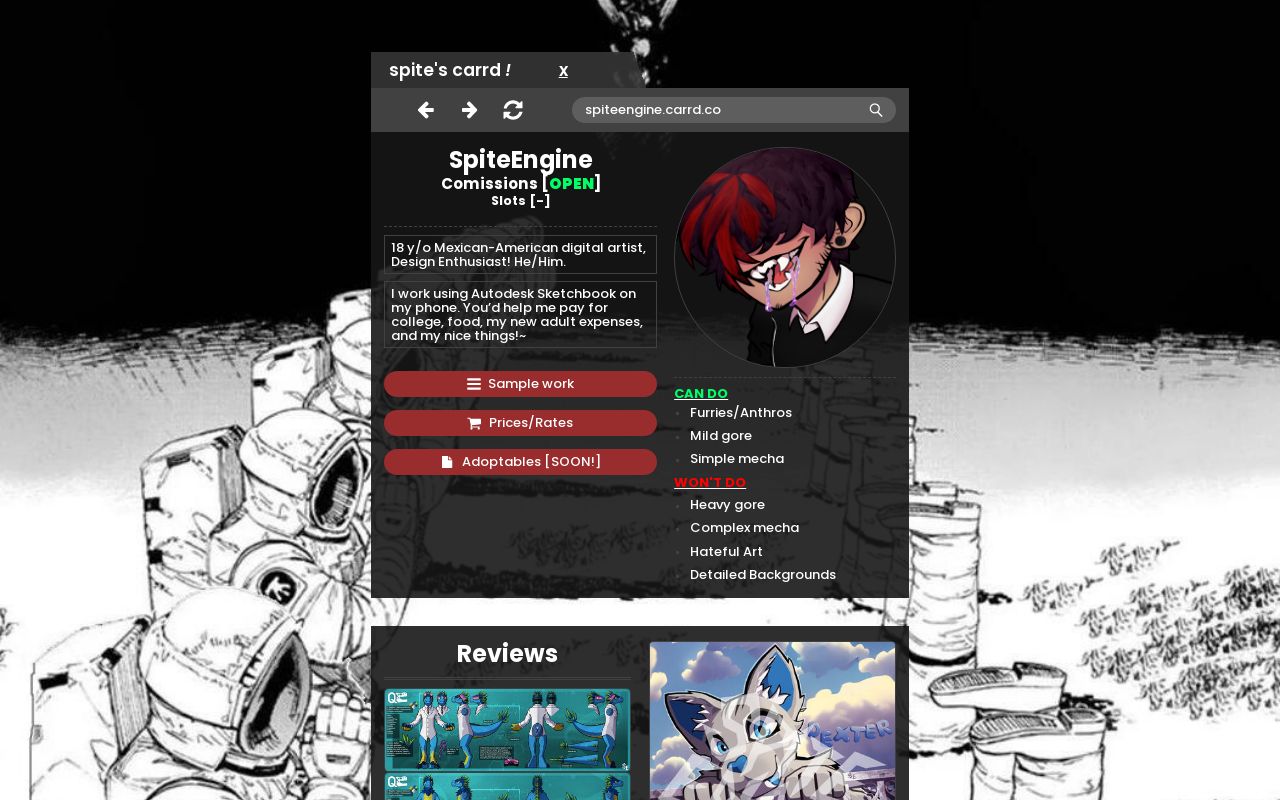 SpiteEngine's commissions card